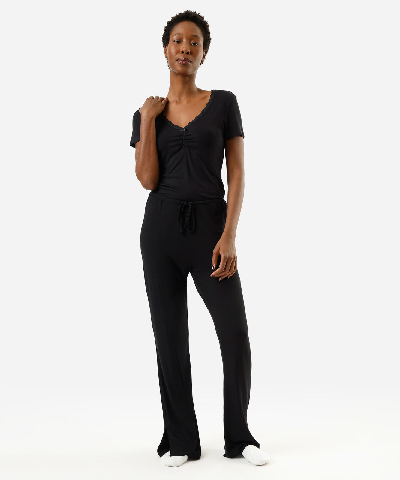 calça de pijama avulsa feminina em viscose preta