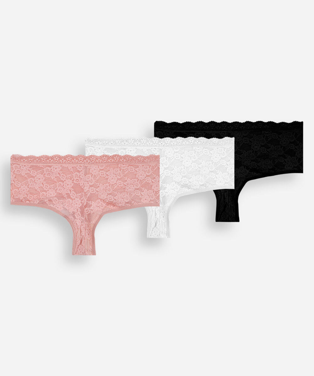 kit de 3 calcinhas caleçon feminina de renda floral colorido