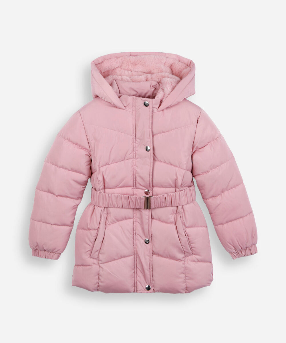 jaqueta puffer infantil alongada com faixa rosa