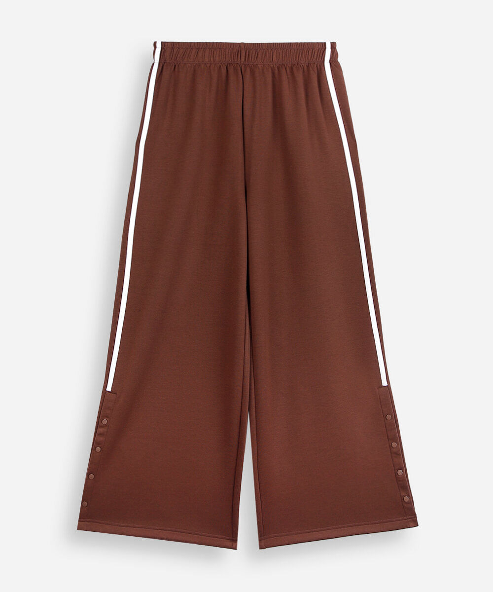 calça pantalona juvenil com listras laterais cós elástico marrom