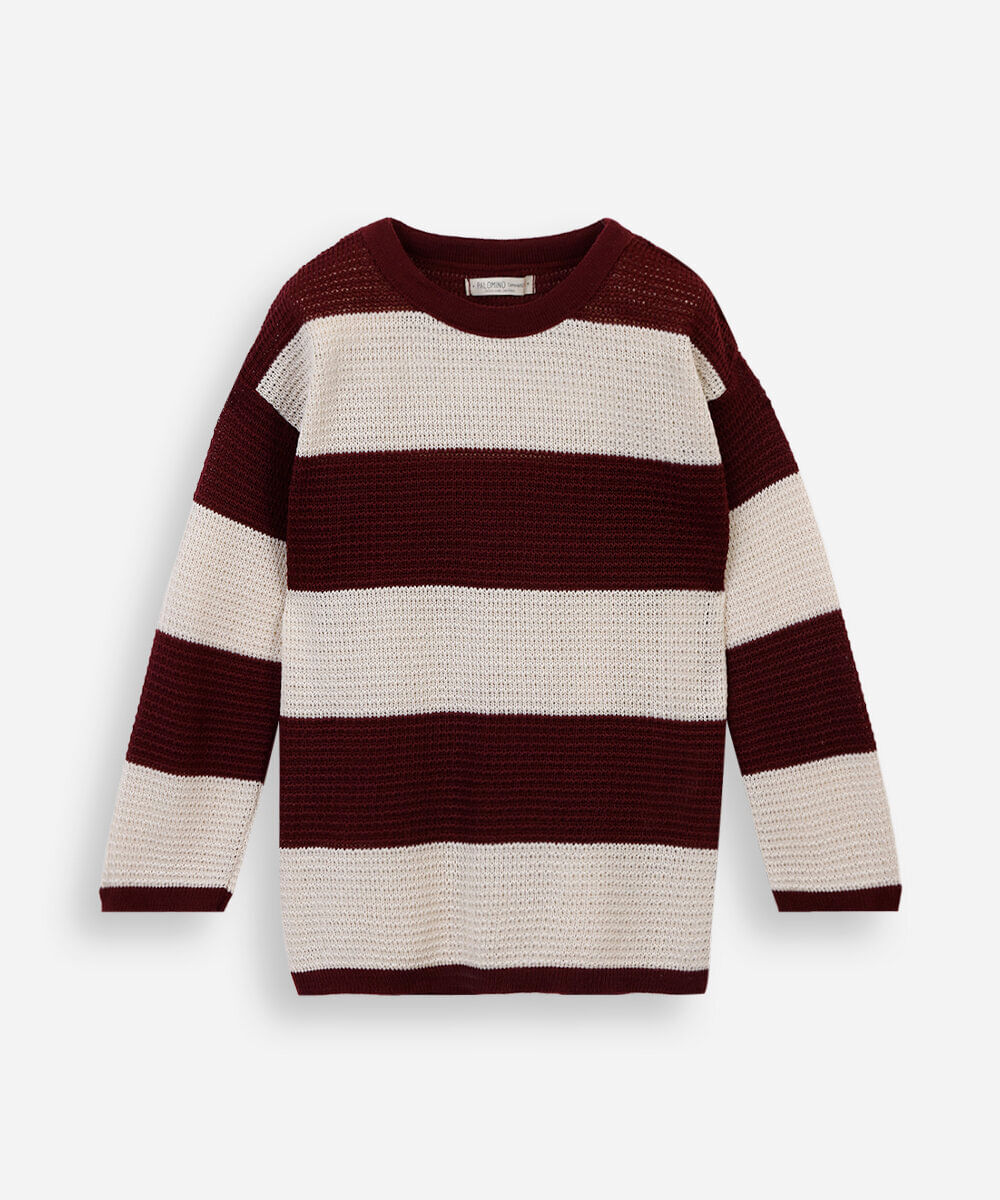 camiseta infantil de tricot manga longa listrada vinho