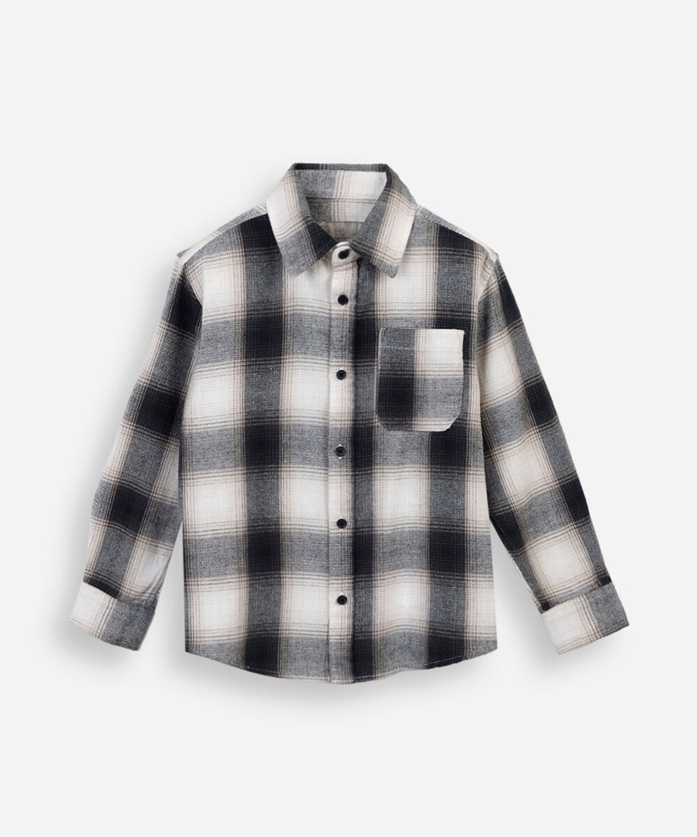 camisa infantil manga longa com bolso xadrez cinza