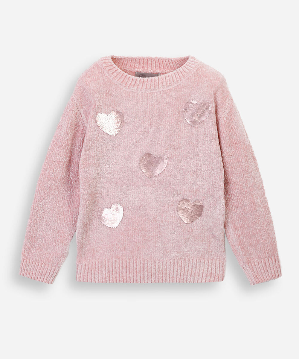 suéter infantil de tricot chenille corações com paetê rosa