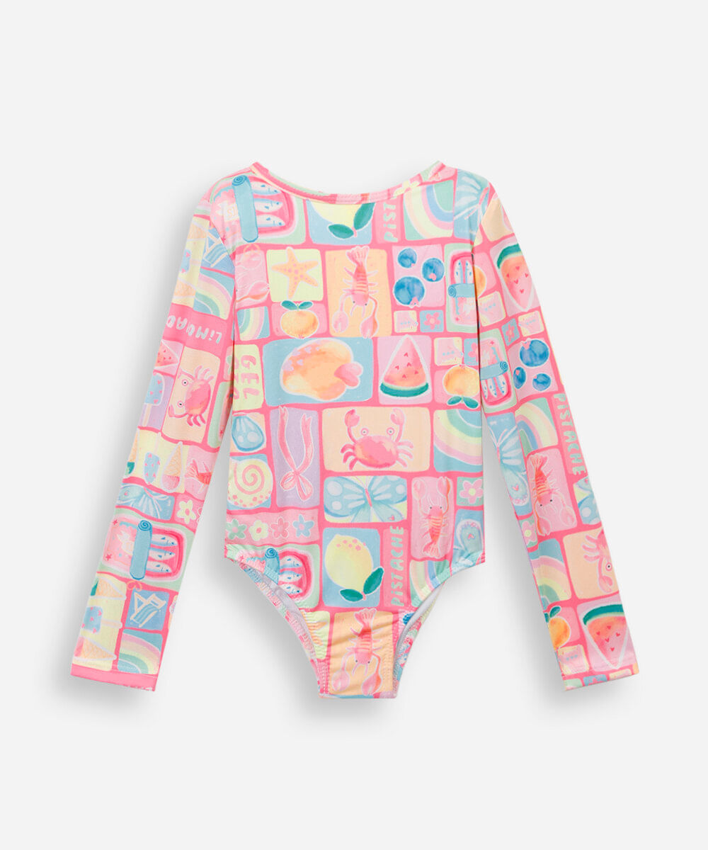 maiô infantil manga longa com recorte estampado rosa