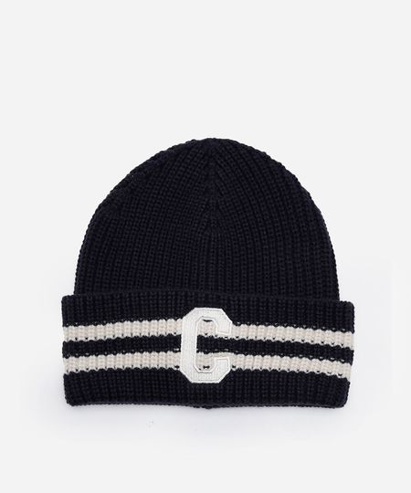 gorro de tricot com listras e patch azul UNICO