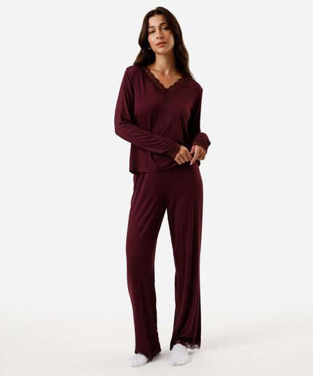 pijama longo feminino de viscose com nécessaire vinho PP