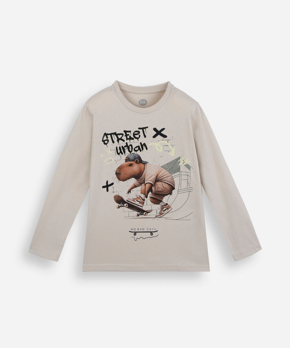 camiseta infantil de algodão manga longa estampada bege