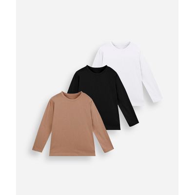 kit de 3 camisetas infantil de algodão manga longa colorido