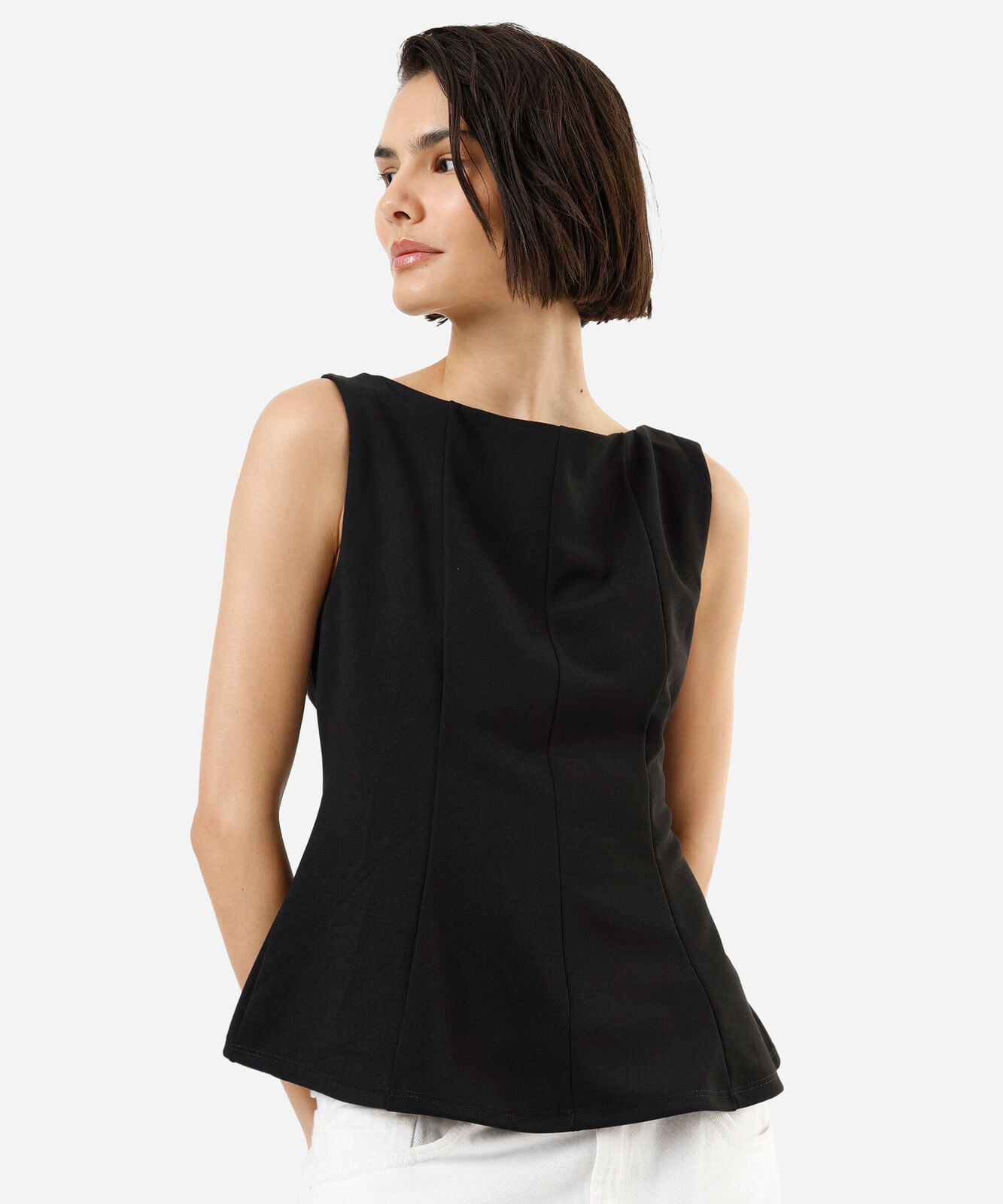 regata peplum feminina decote canoa com recortes preta