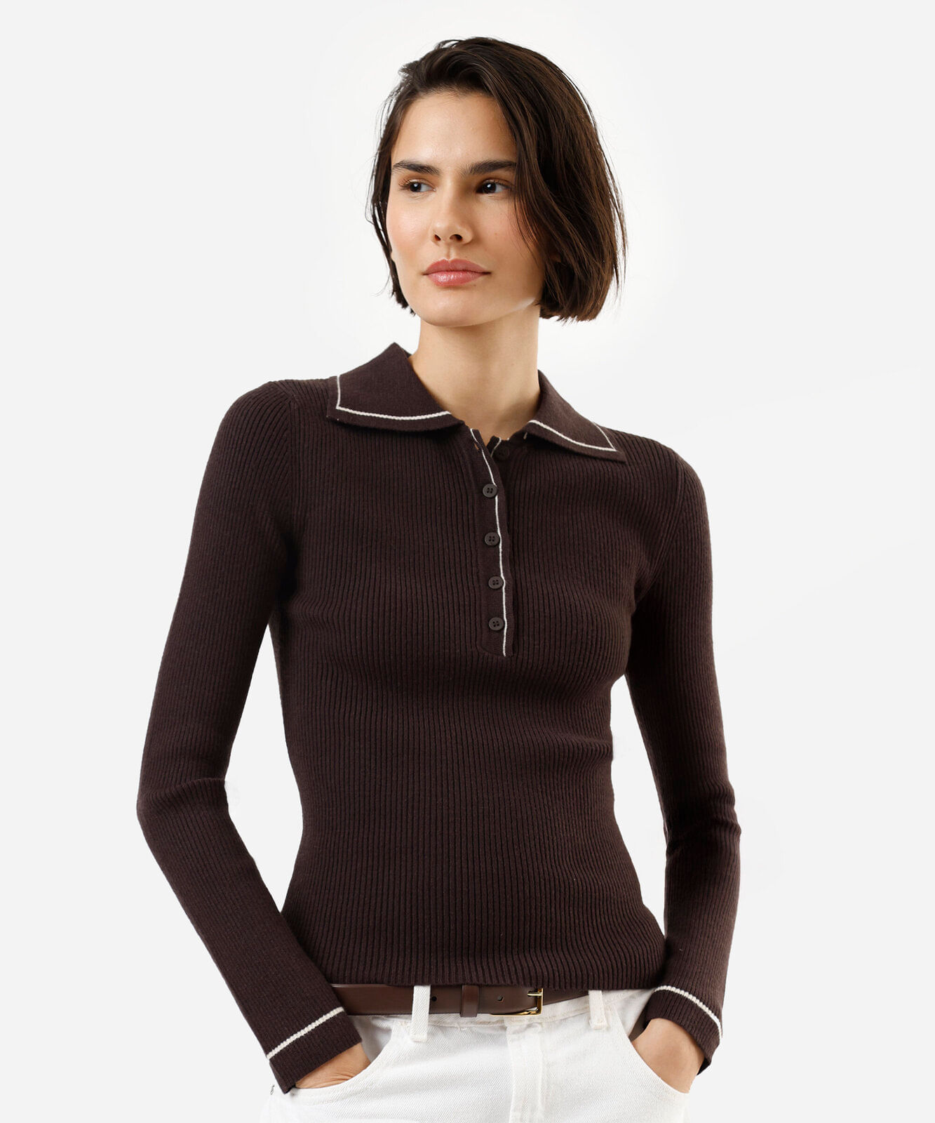 polo feminina de tricot manga longa canelada marrom