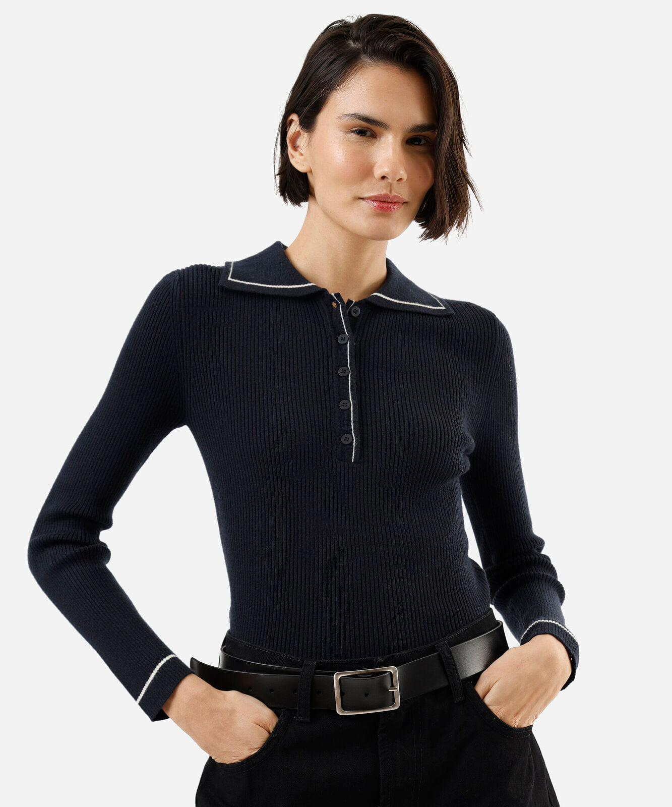 polo feminina de tricot manga longa canelada azul