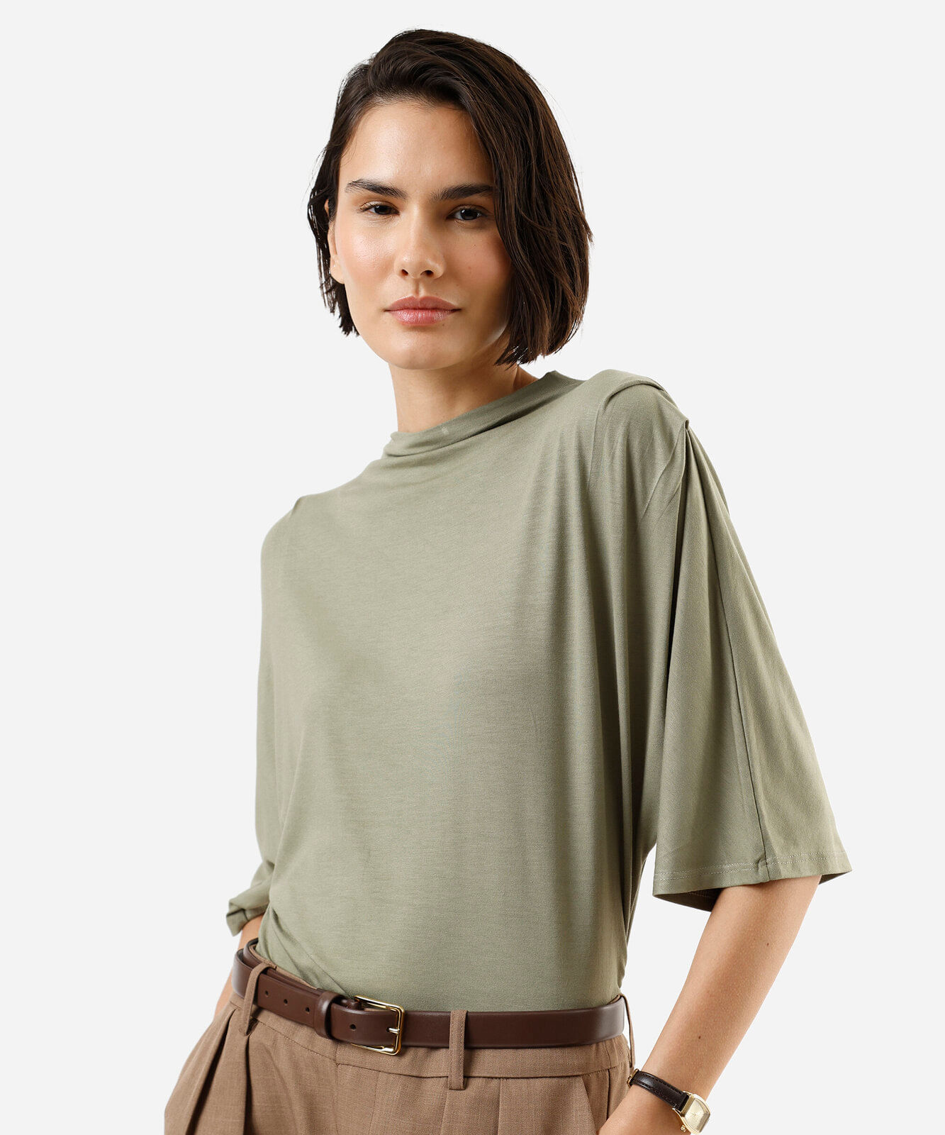 blusa feminina de viscose manga curta com franzidos verde
