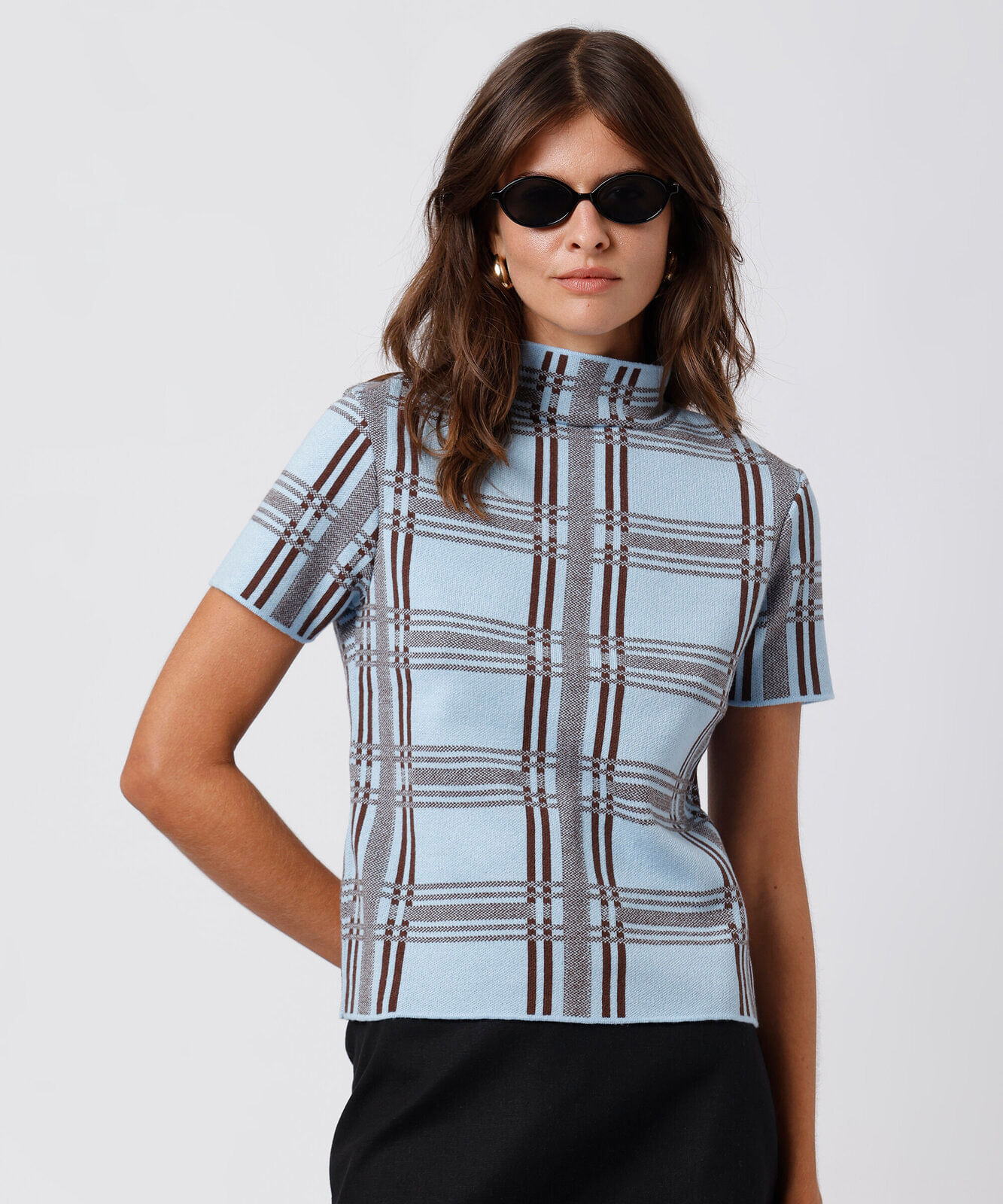 blusa feminina de tricot gola alta xadrez mindset azul