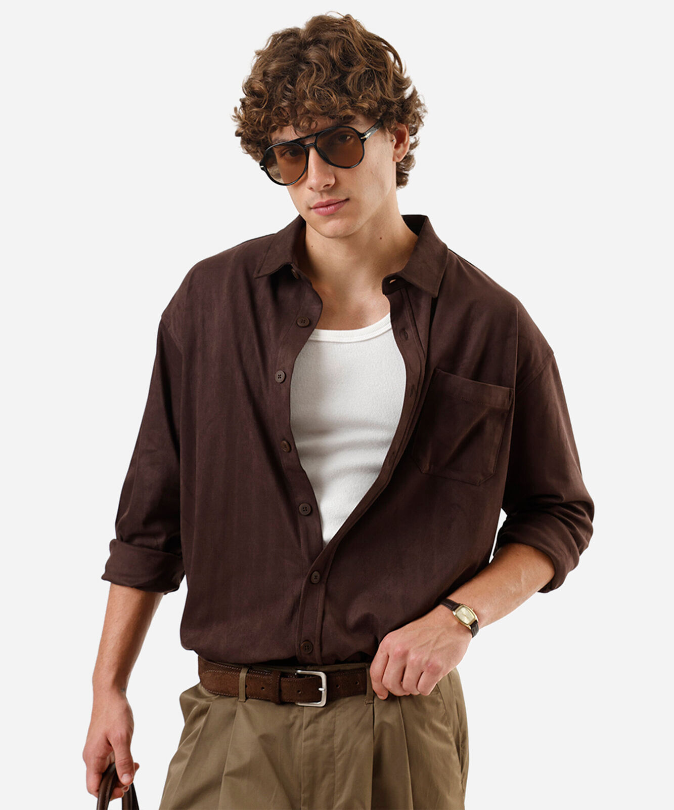 camisa masculina de suede manga longa marrom