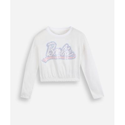 blusa cropped infantil de algodão manga longa bordado barbie off white
