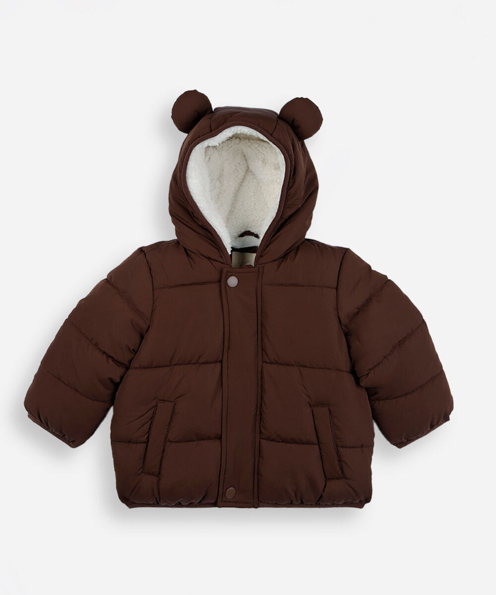 jaqueta puffer infantil com capuz e orelhas marrom