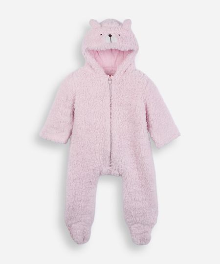 macacão infantil de pelúcia com capuz e orelhas rosa 9-12
