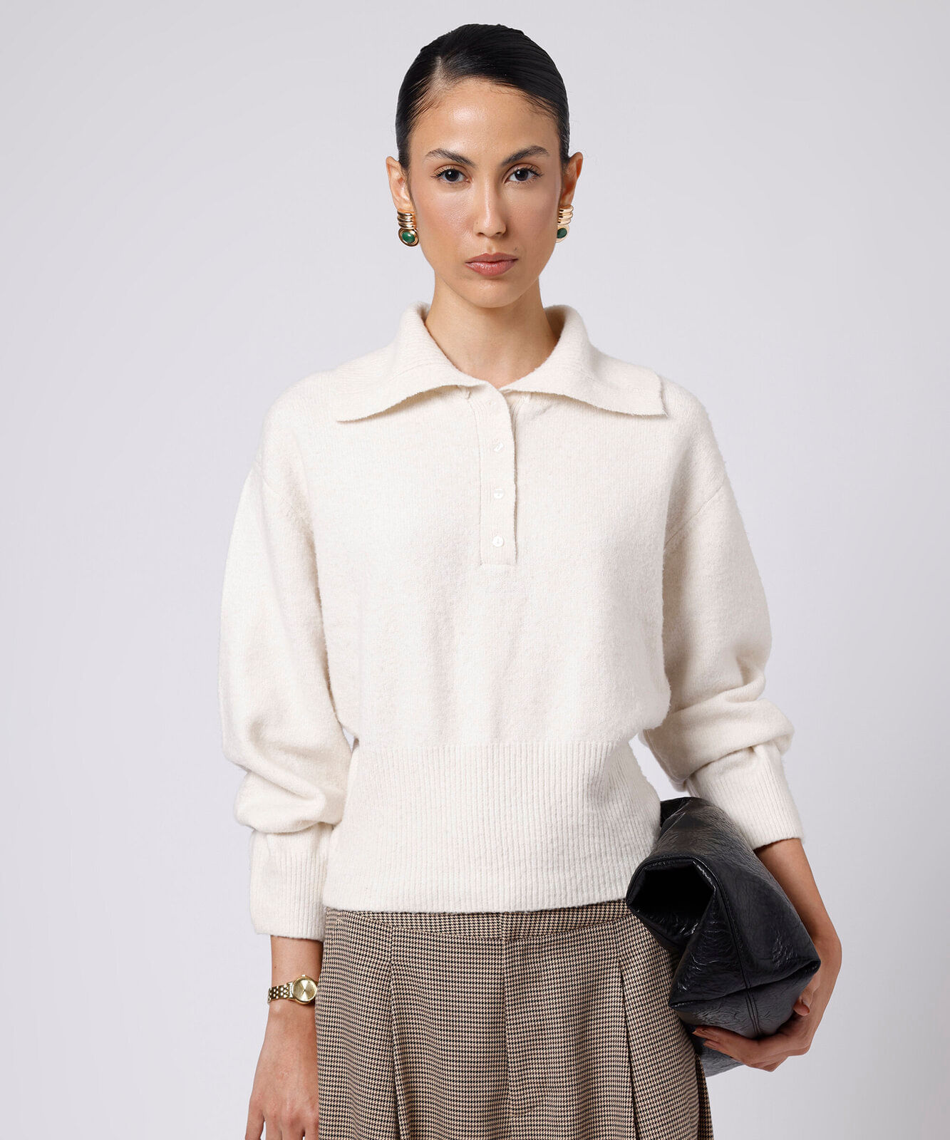 suéter feminino de tricot com gola mindset bege