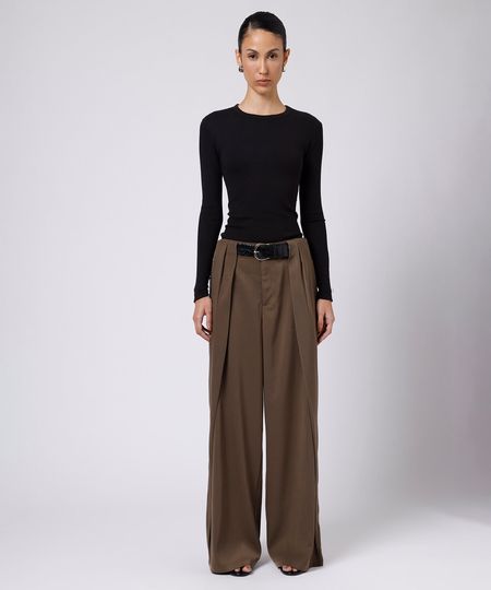 calça wide leg de alfaiataria feminina com cinto mindset verde 38