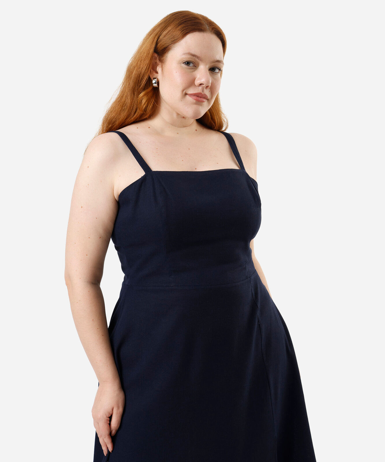 vestido midi com linho e fenda plus size azul