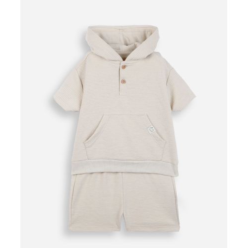 conjunto curto infantil com capuz listrado bege