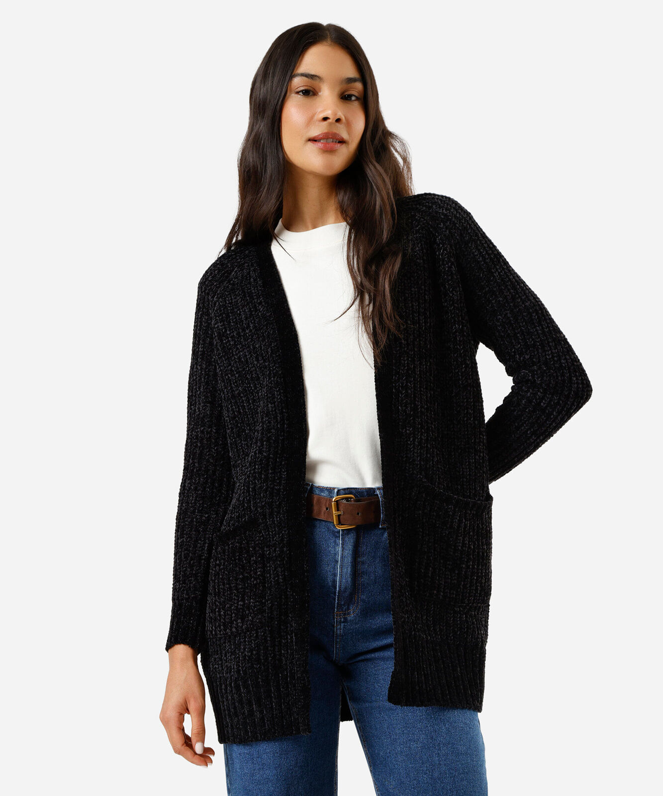 cardigan alongado feminino de tricot chenille com bolsos preto