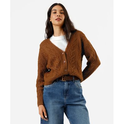 cardigan feminino de tricot com botões texturizado marrom
