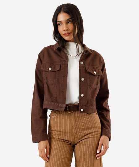 jaqueta cropped feminina de sarja marrom M
