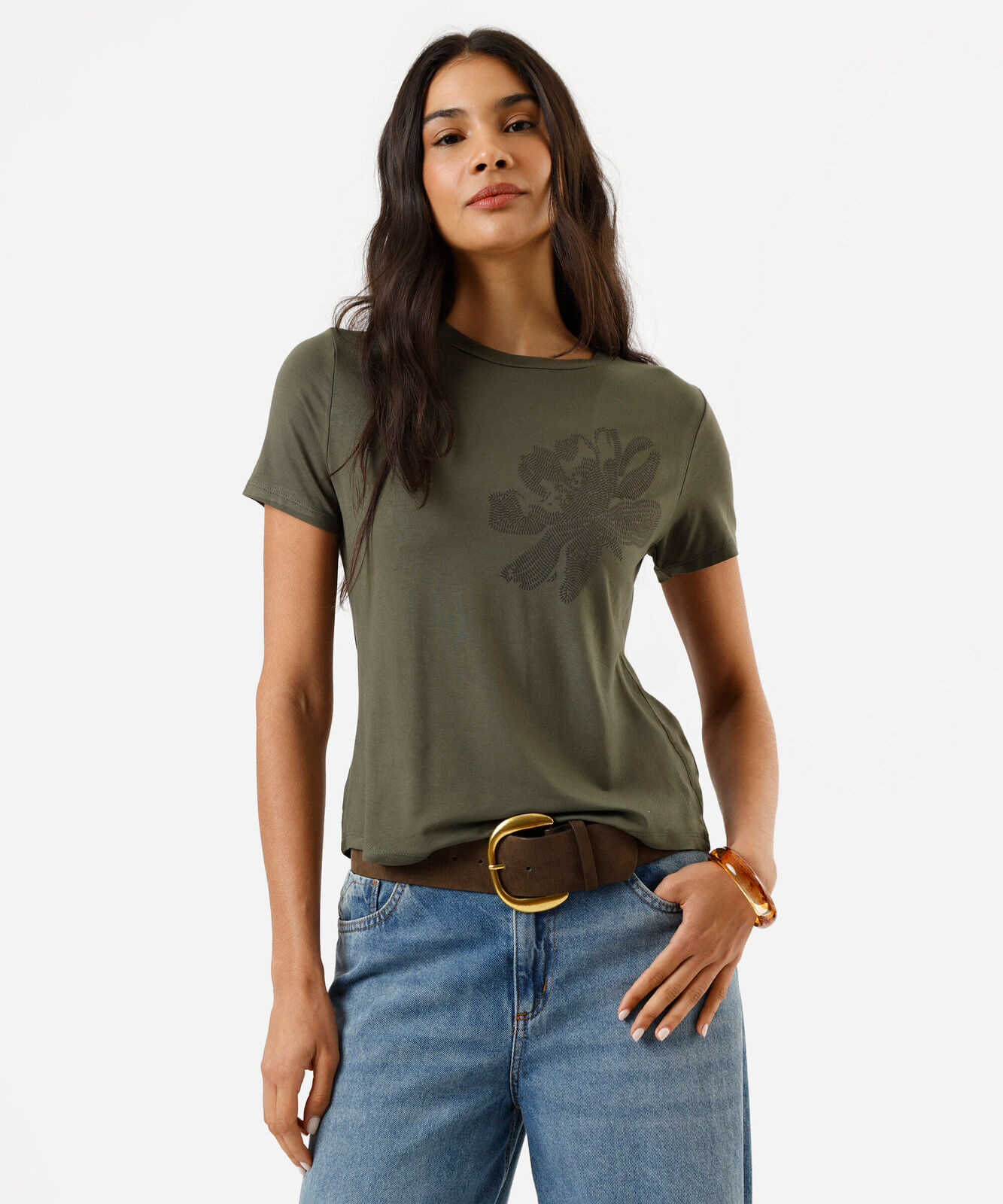 blusa feminina de viscose manga curta floral verde
