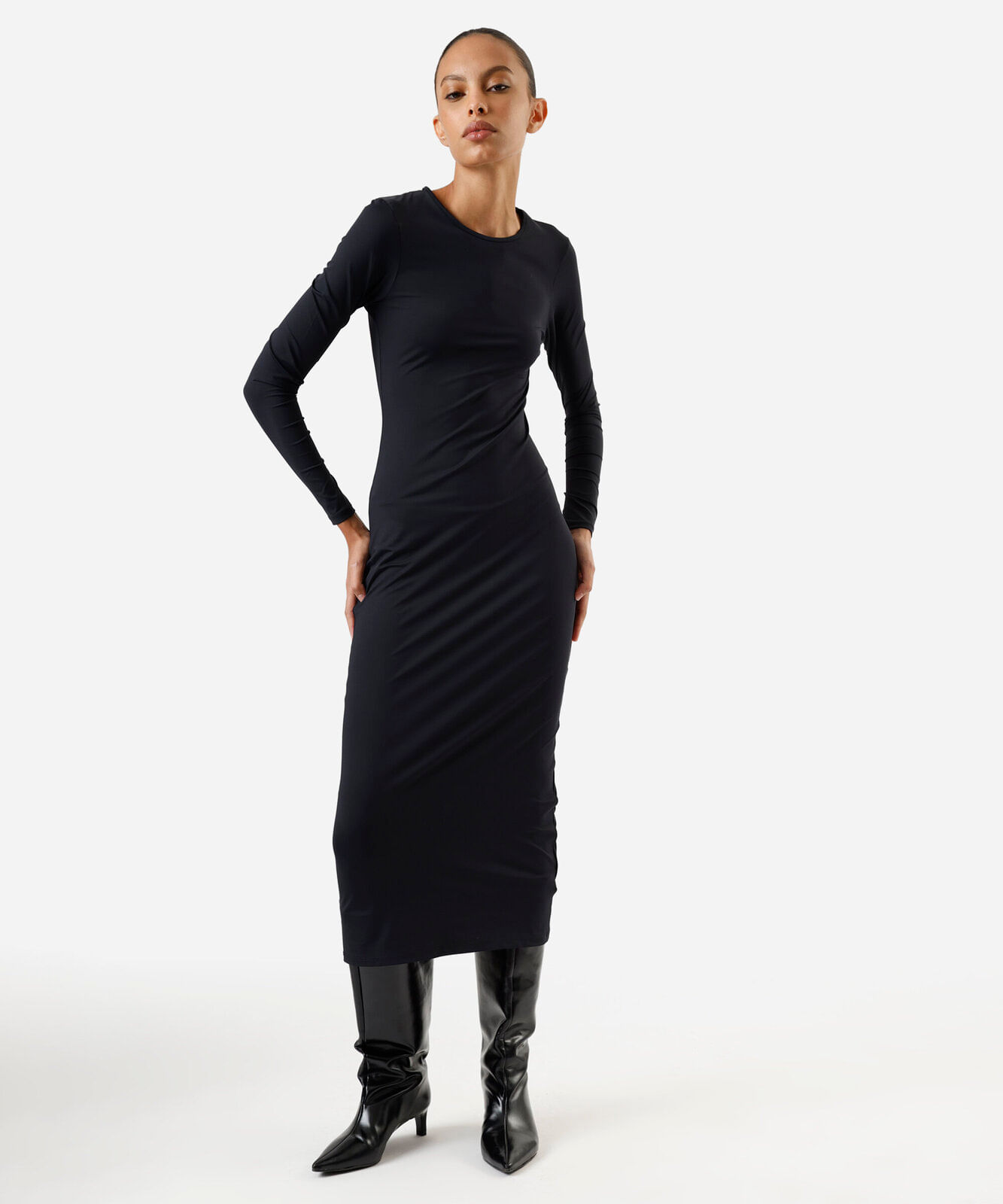 vestido midi feminino de poliamida manga longa preto