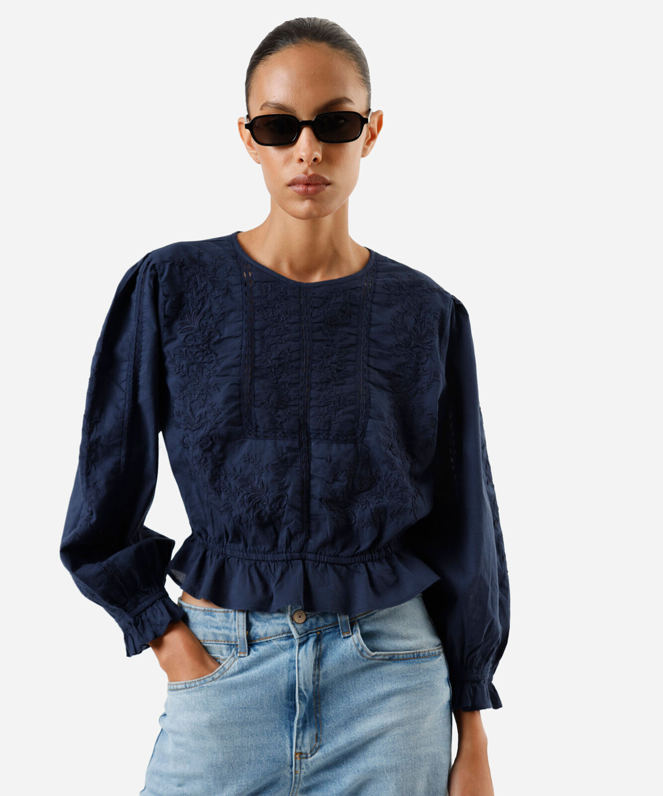 cropped de algodão com renda azul