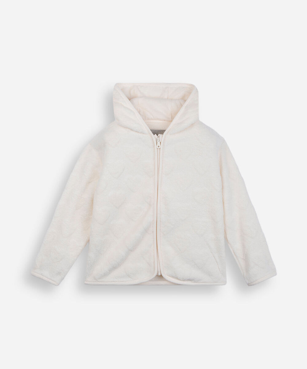 jaqueta infantil em fleece corações texturizados com capuz off white