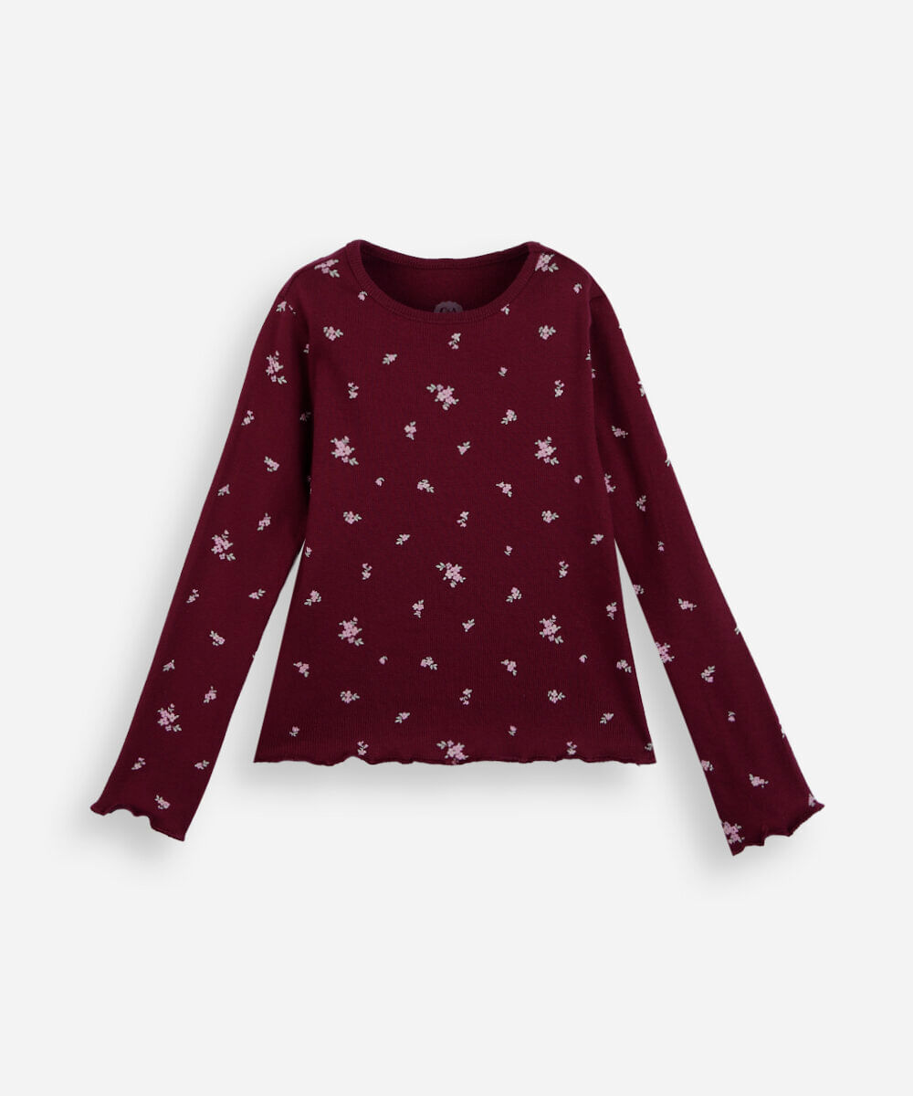 blusa infantil de algodão manga longa canelada floral vinho
