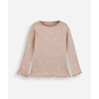 blusa infantil de algodão manga longa canelada floral marrom