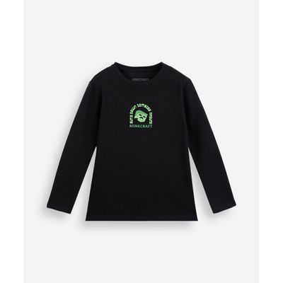 camiseta infantil com algodão manga longa canelada minecraft preta