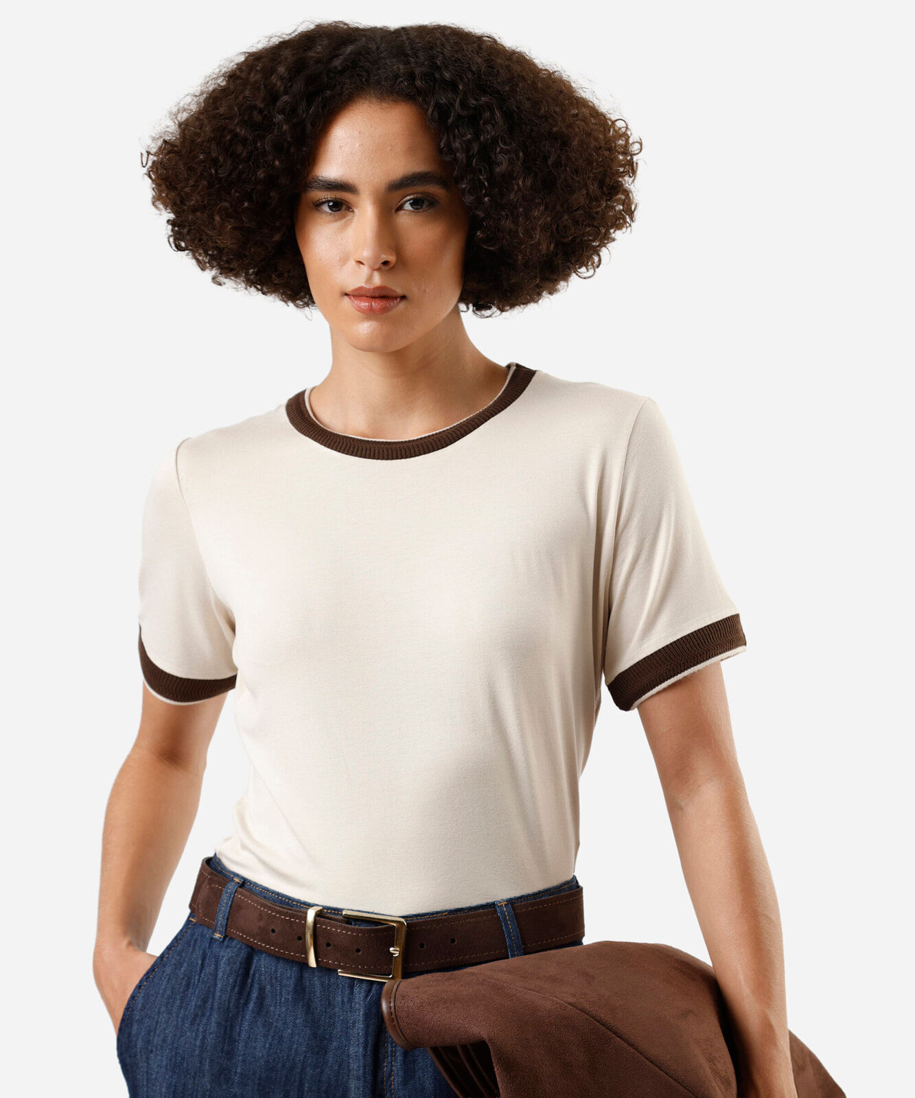 camiseta feminina de viscose manga curta bege
