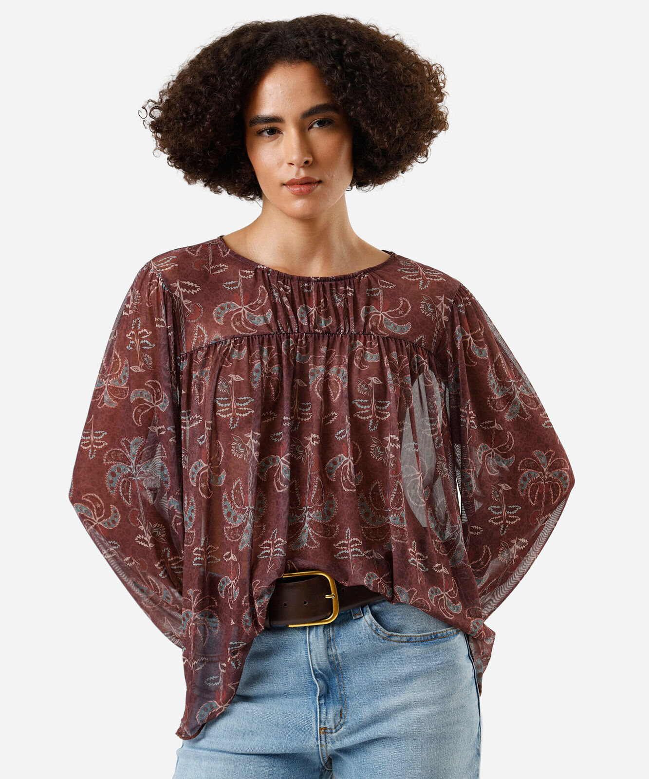 bata feminina de tule com recorte folhagens marrom