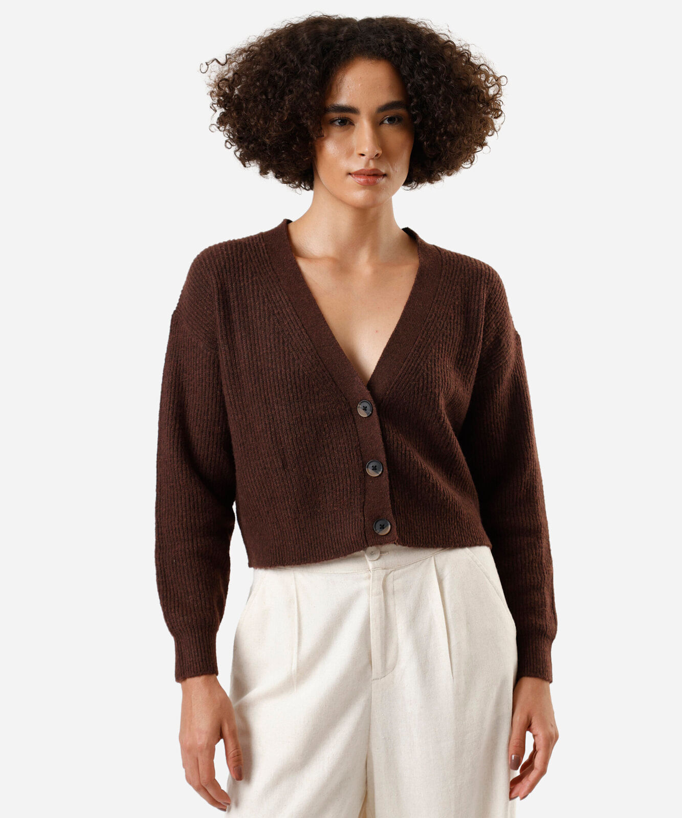 cardigan feminino de tricot canelado marrom