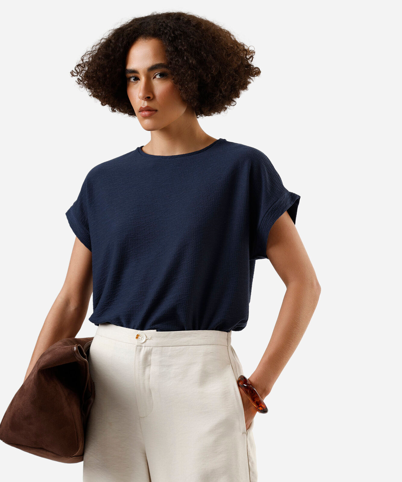 blusa texturizada manga curta azul