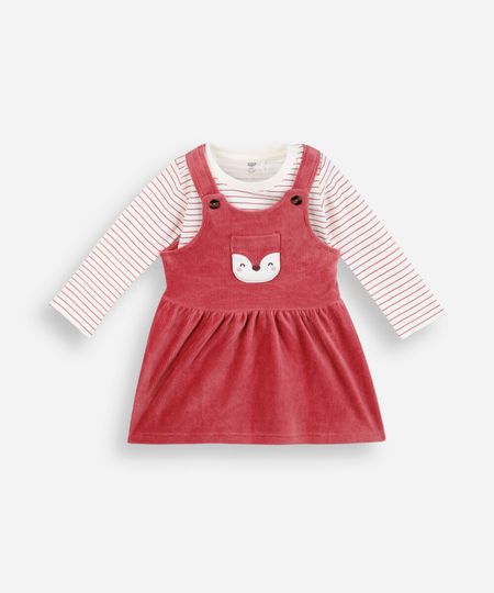 salopete infantil de veludo cotelê com bordado rosa 9-12