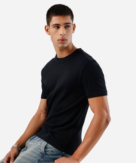camiseta slim fit masculina de algodão manga curta canelada preta M
