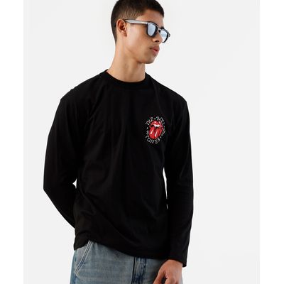 camiseta masculina de algodão manga longa the rolling stones preta