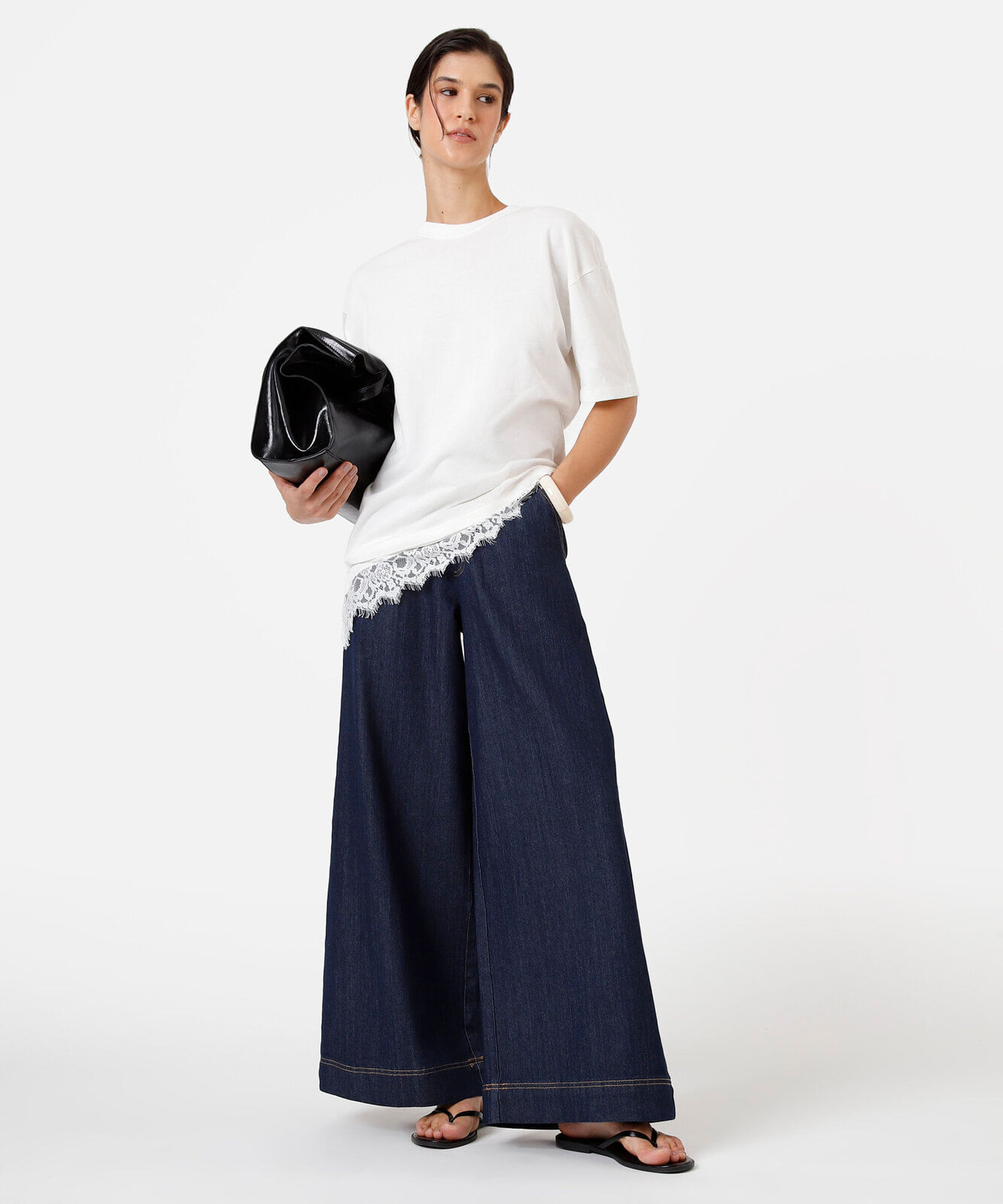 calça pantalona feminina jeans cintura alta azul