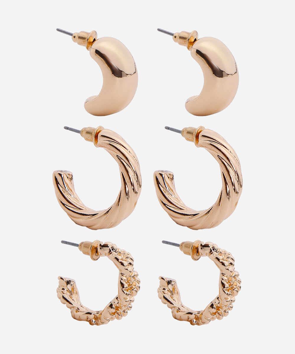 kit de 3 brincos argolas bold torcida dourado