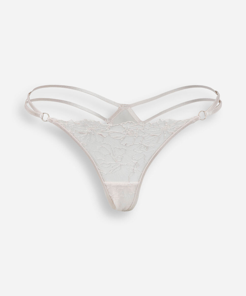 calcinha string fio dental feminina com renda floral bege