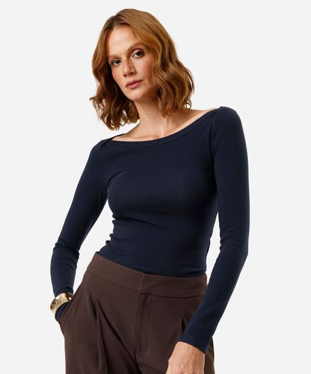 blusa feminina de algodão decote canoa manga longa canelada azul PP