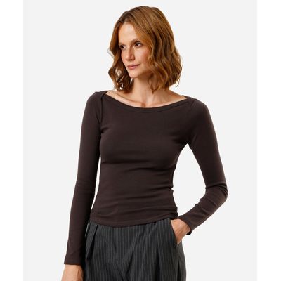 blusa feminina de algodão decote canoa manga longa canelada marrom