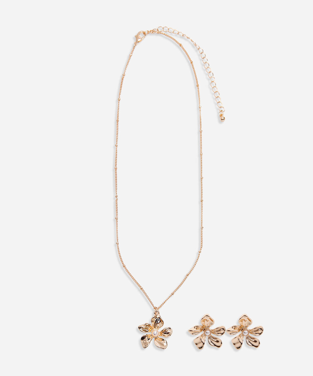 kit de colar e brinco floral dourado