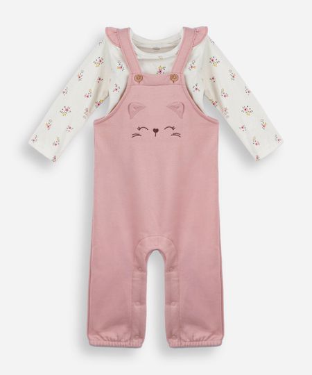 jardineira infantil com bordado e blusa rosa 6-9