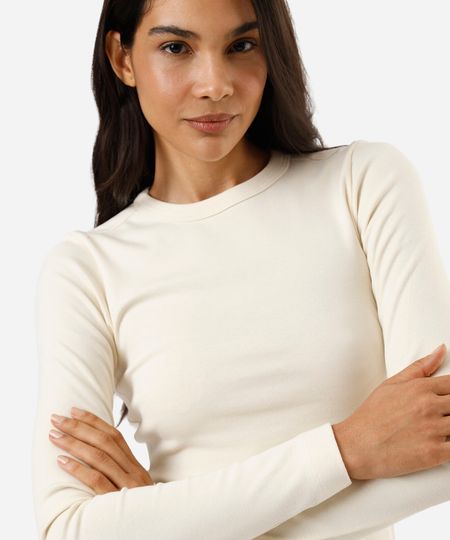 blusa feminina de algodão manga longa canelada bege GG
